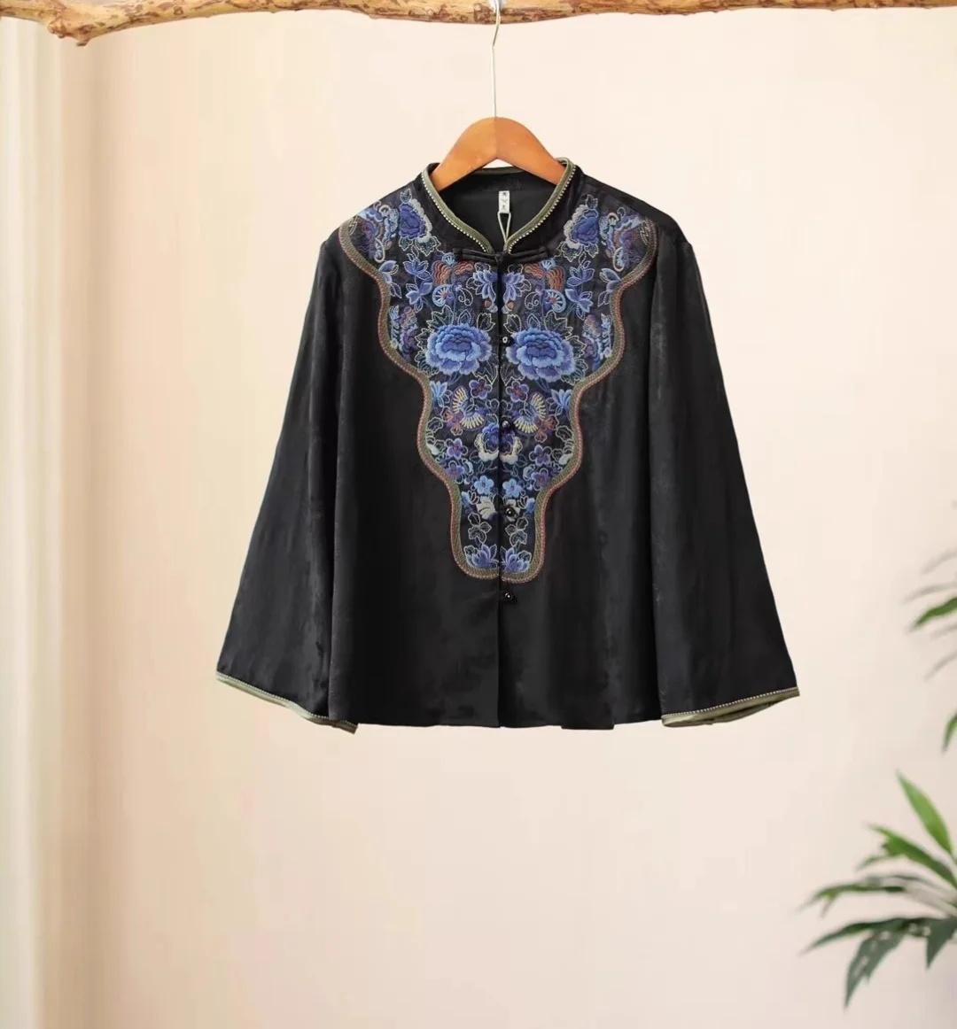 Роскошная весенняя блузка для  – обзор и цена Embroidery On Black Shirt